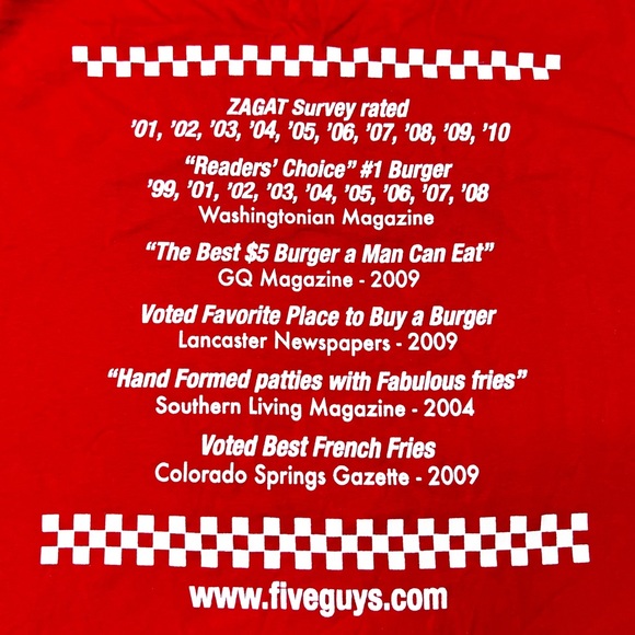 NWOT 5 Guys Burgers & Fries {Jerzees} Graphic T-Shirt in Red Unisex Sz 2XL - Picture 4 of 7